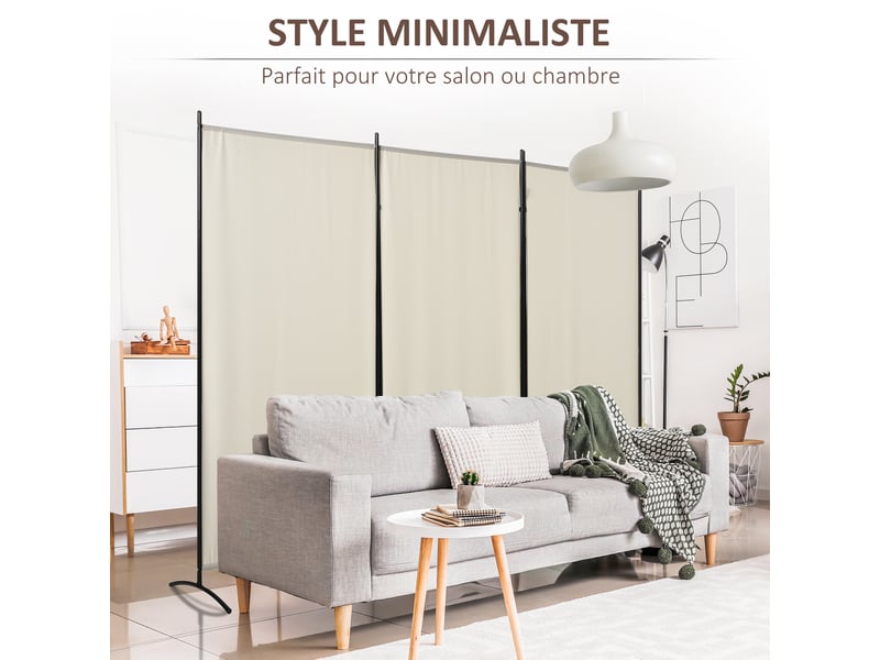  Paravent 3 panneaux dim. 2,53l x 0,5l x 1,82h m store latéral brise-vue paravent sur pied métal séparateur polyester  - Conforama W