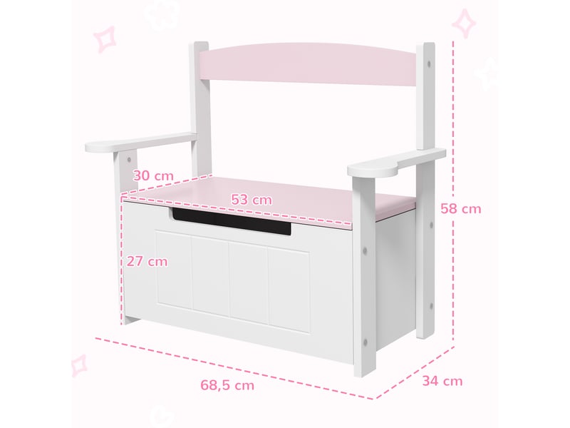  Banc rangement enfant, dossier, couvercle fermeture douce, charge 30kg. Salle de jeux, 68,5 x 34 x 58 cm, roseblanc.  - Conforama D