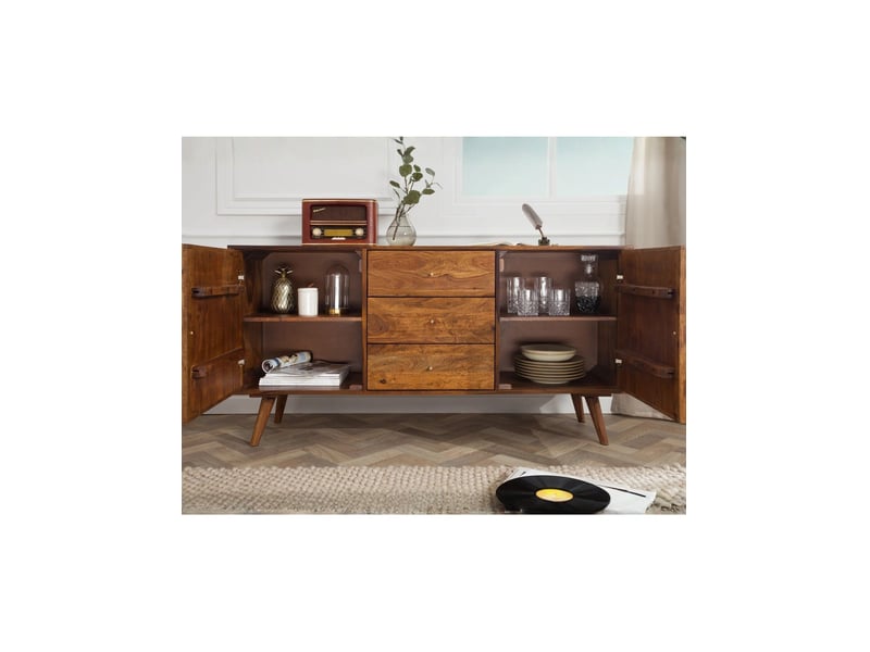  Buffet scani 145 cm en bois massif de sheesham verni – 2 portes sculptées et 3 tiroirs  - Conforama E