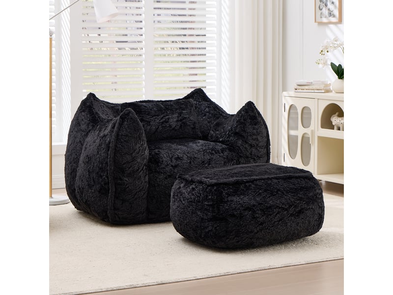  Fauteuil pouf,123x157x73 cm,avec repose-pieds,fausse fourrure,noire  - Conforama B