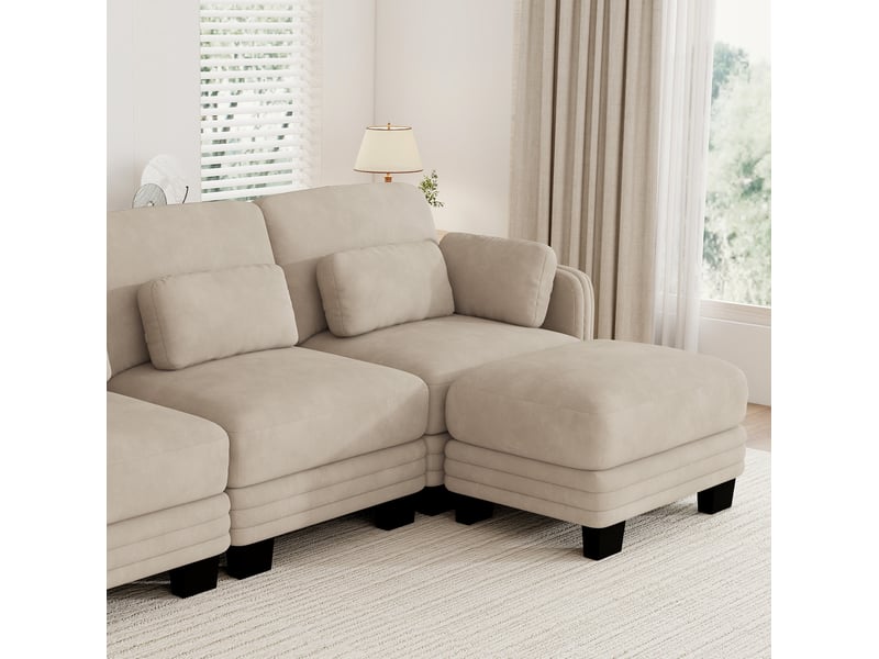  Canapé d’angle modulable 3 places 253x143x88 cm en chenille café clair  - Conforama E