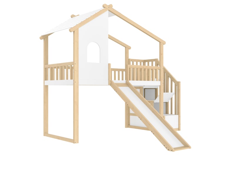  Lit mezzanine enfant 90x200 avec toboggan, structure cabane en bois massif, échelle de rangement, barrières, naturel et blanc  - Conforama A
