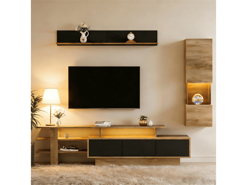 Ensemble meuble tv 3 pièces led noir bois naturel 1 meuble tv 1 vitrine 1 étagère suspendue 3 tiroirs tv 80 pouces  - Conforama B