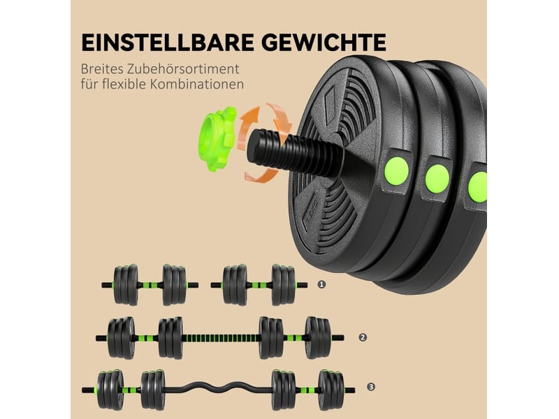  Set d'haltères réglables 25 kg 140 x 22 x 22 cm vert en plastique, 3 en 1 pour musculation avec barres  - Conforama E