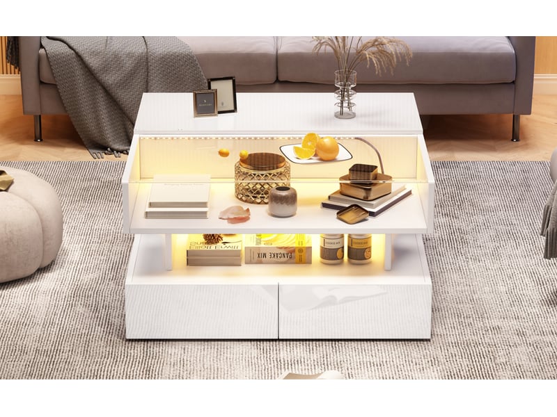  Table basse carrée relevable 80x80 cm avec rangement caché, 2 tiroirs et led app, plateau verre trempé, blanc brillant  - Conforama D