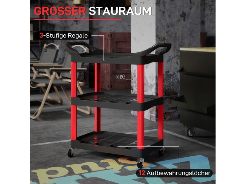  Chariot d'atelier 83 x 43 x 97 cm noir et rouge en plastique, 3 niveaux avec rangement, charge 91 kg  - Conforama E
