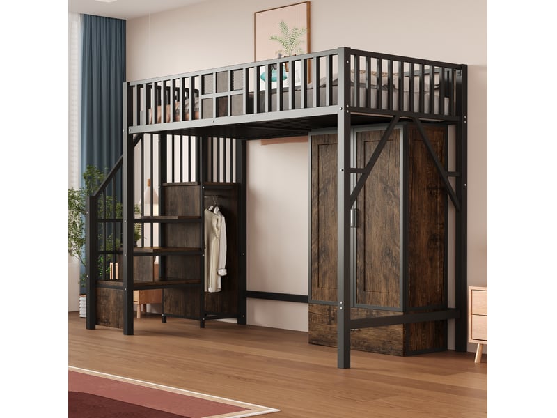 Lit mezzanine 90x200 cm – noir – armoire amovible, tiroir et escalier de rangement en métal et mdf, sans matelas - Conforama B