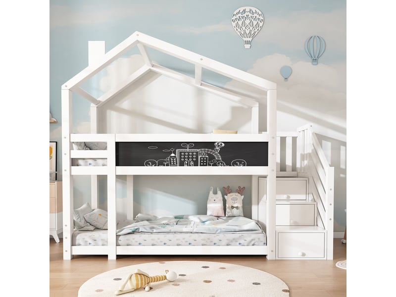  Lit superposé cabane enfant 90 x 200 cm avec escalier de rangement, tableau, barrières et 2 sommiers, blanc AB30512789W - Conforama D