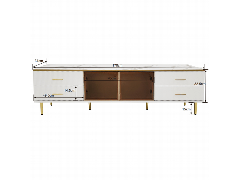 Meuble tv 170x37x 47,5 cm et table basse100x 50x 40 cm, led, verre trempé, blanc et doré - Conforama C
