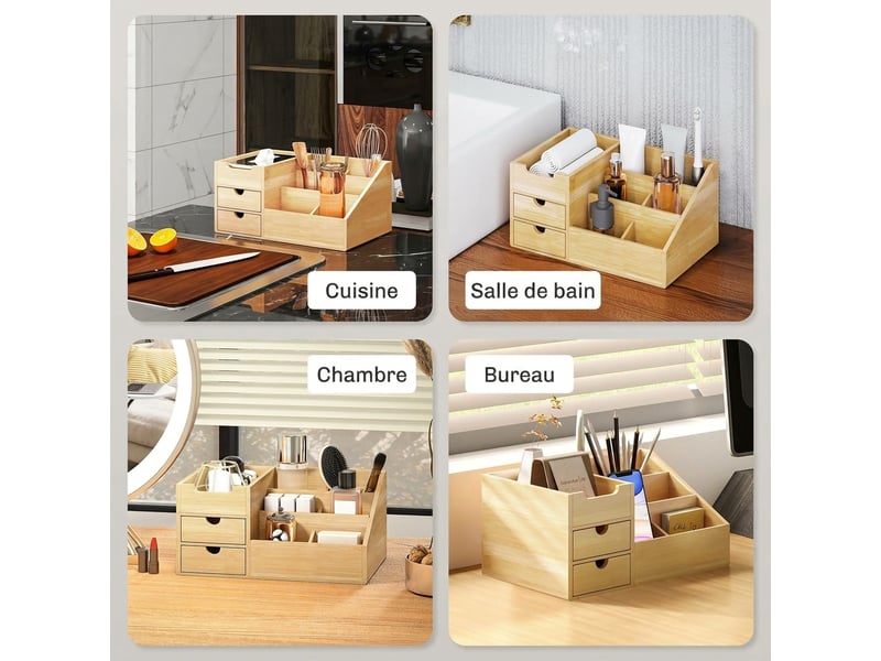  Boite de rangement de bureau - organiseur de bureau - 7 compartiments, bambou, 2 tiroirs - bambou verni  - Conforama W