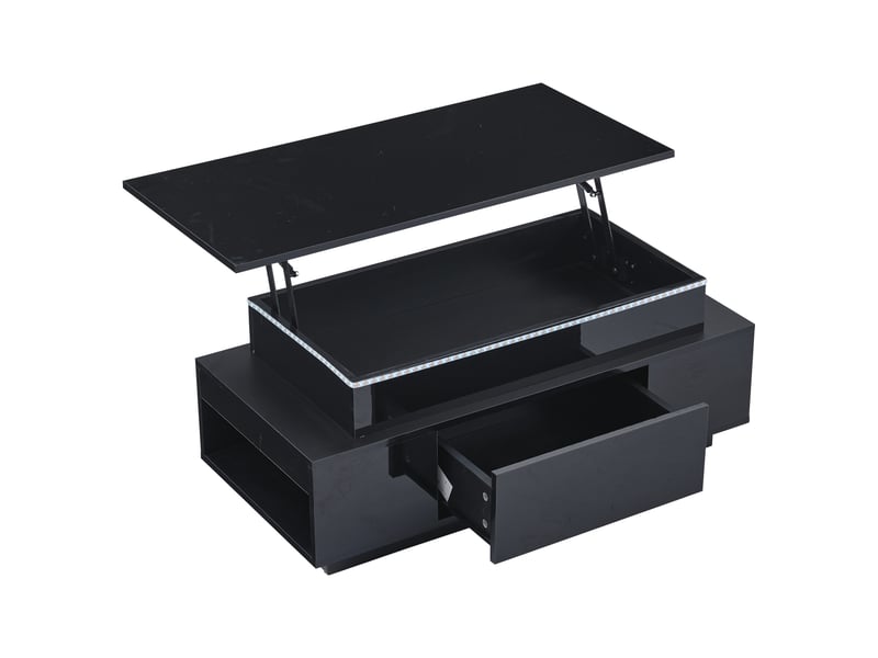  Table basse relevable noire brillante avec rangement caché, 96x45x40 cm, éclairage led intégré pour salon et bureau  - Conforama D