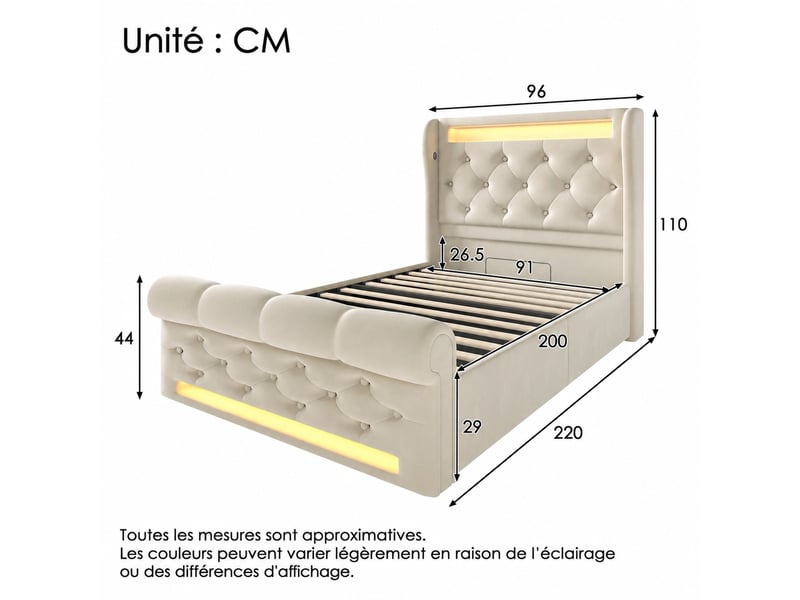 Lit coffre 90x200 cm avec led, ports usb et usb-c, velours capitonné beige - Conforama C