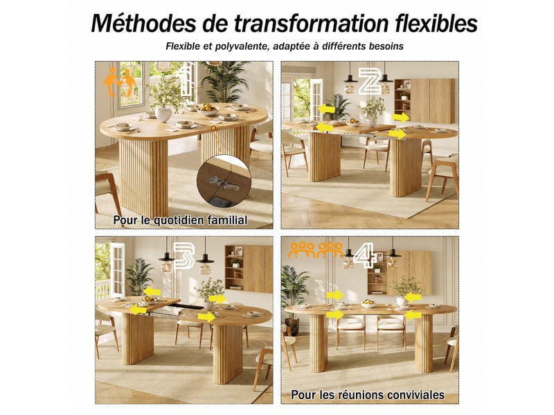  Table à manger ovale extensible 120-160x80x75,5 cm, pieds à relief vertical, mdf et métal, 4 à 6 personnes - naturel  - Conforama E