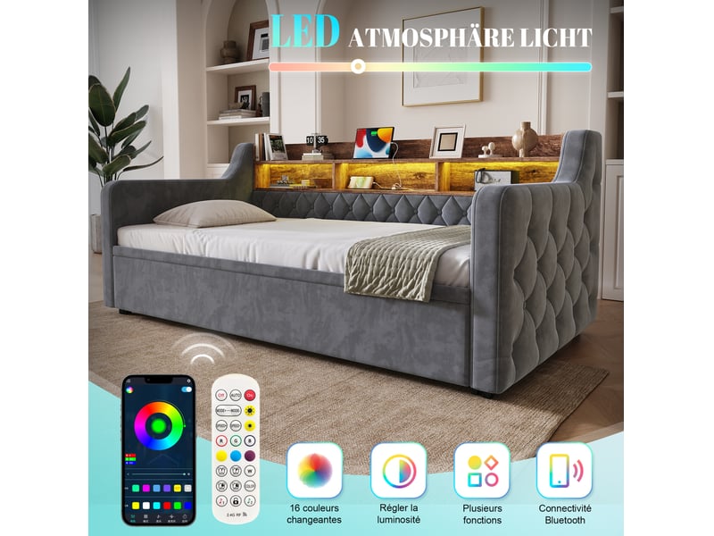  Lit gigogne, 90x190 cm, solution de rangement, led, ports usb type-c, foncé, matelas non inclus, velours, coloris gris  - Conforama E