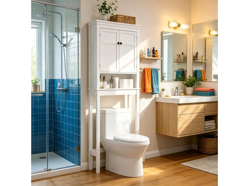  Meuble de salle de bain blanc à 2 portes et étagères réglables, à installer au-dessus des toilettes ou d'une machine à laver.  - Conforama A