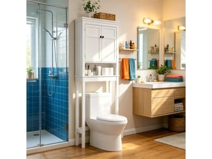 Meuble de salle de bain blanc à 2 portes et étagères réglables, à installer au-dessus des toilettes ou d'une machine à laver.