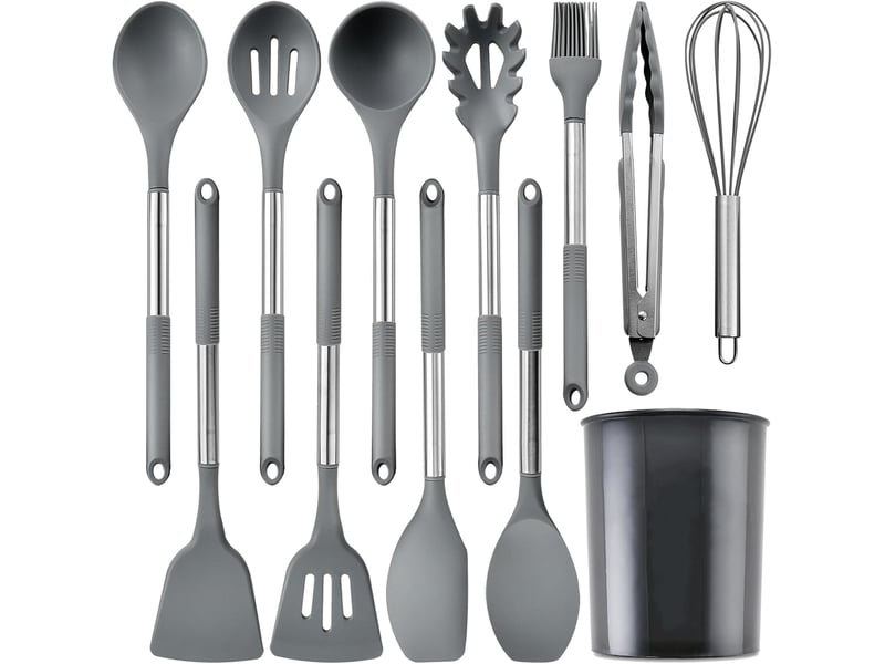  Set de 12 ustensiles de cuisine en silicone et acier inoxydable gris avec rangement chicfurn  - Conforama R