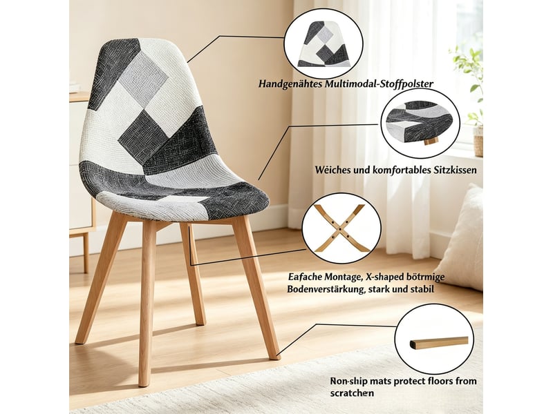  Lot de 8 chaises de salle à manger 46x40x85 cm – patchwork gris, blanc et multicolore – pieds en bois  - Conforama E