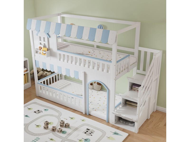  Lit superposé 90x200cm escaliers de rangement sommiers inclus - lit double - design maison fenêtres bois pin blanc bleu pour enfants  - Conforama E