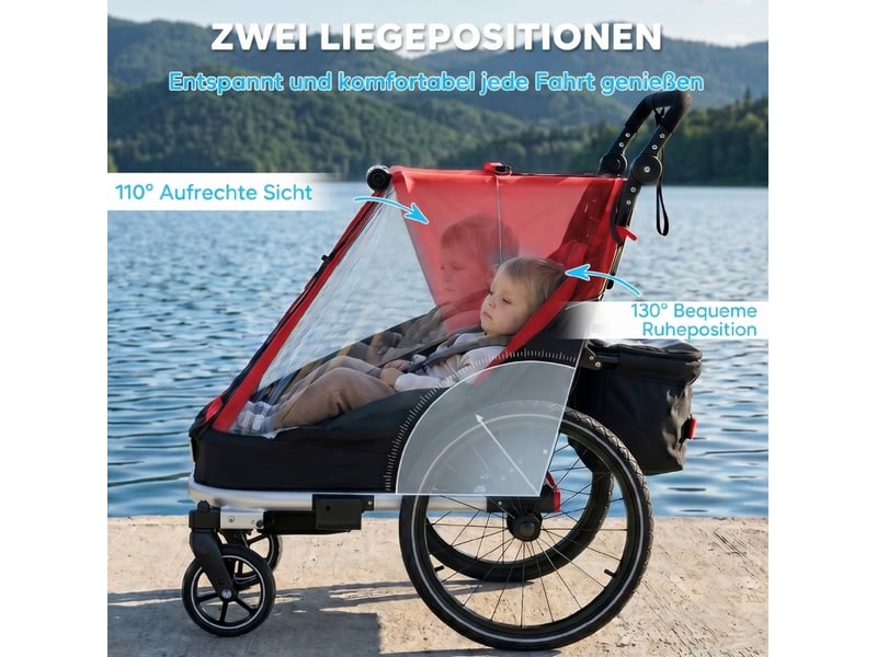  Remorque vélo enfant 2 places 2-en-1 148 x 83 x 102 cm rouge en aluminium, poussette pliable  - Conforama E