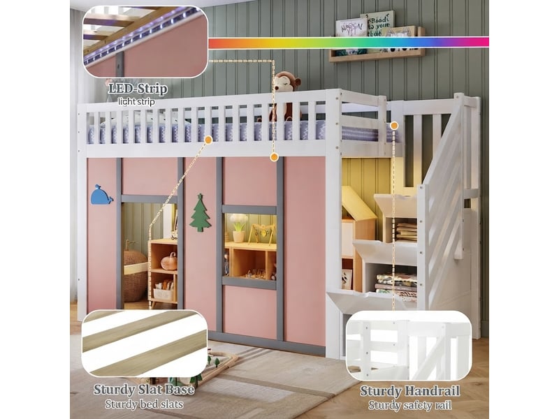  Lit jeune, 90x200 cm, éclairage led, rangement intégré, en bois massif, bicolore cao-N622T987456W-conf-NEW - Conforama W