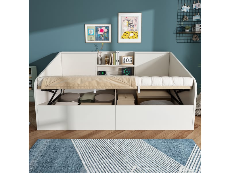  Lit coffre 90x190 cm avec sommier relevable, blanc  - Conforama W