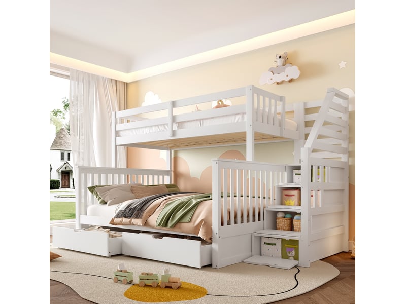  Lit superposé 90x200+140x200 cm avec tiroirs de rangement, gain de place, pour chambre, en bois, blanc, sans matelas  - Conforama B