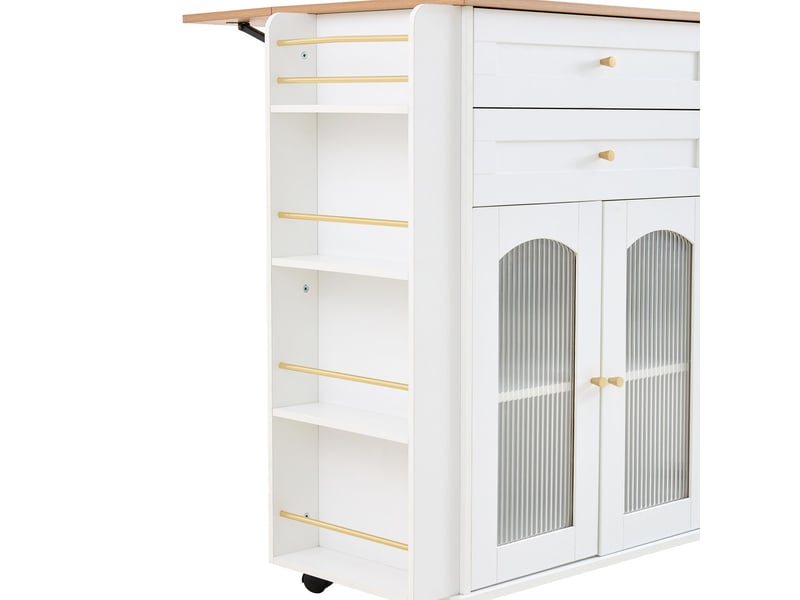 Desserte de cuisine 110 cm 2 tiroirs plateau de travail rabattable roulettes portes vitrées étagère latérale grand rangement finition blanche et naturelle - Conforama A