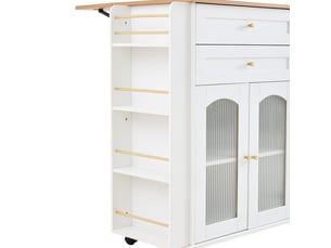 Desserte de cuisine 110 cm 2 tiroirs plateau de travail rabattable roulettes portes vitrées étagère latérale grand rangement finition blanche et naturelle