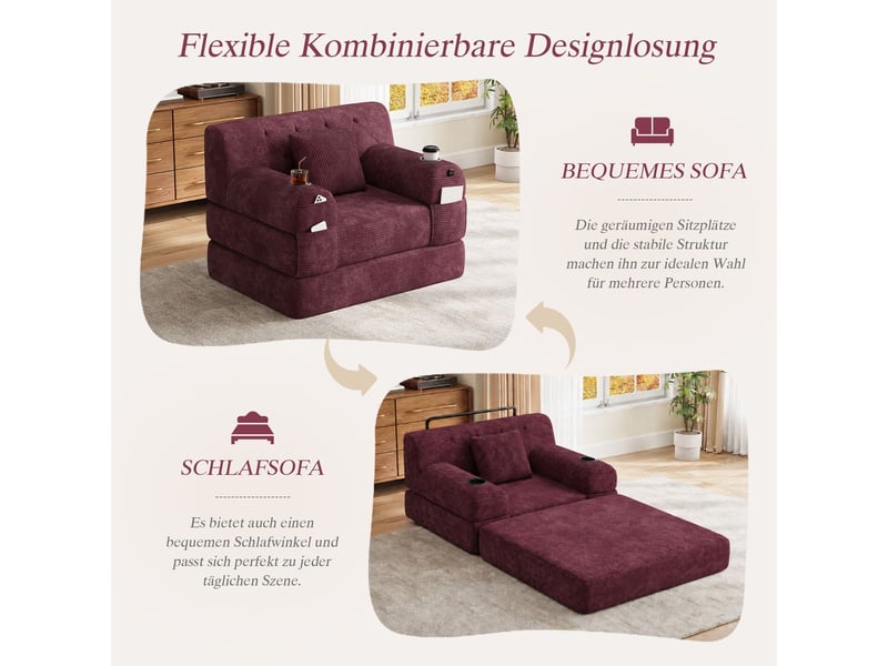  Canapé-lit 1 place 2 porte-gobelets couchage d'appoint dossier haut cadre métallique mousse haute densité velours côtelé format compressé 4 poches latérales coloris rouge vin  - Conforama D