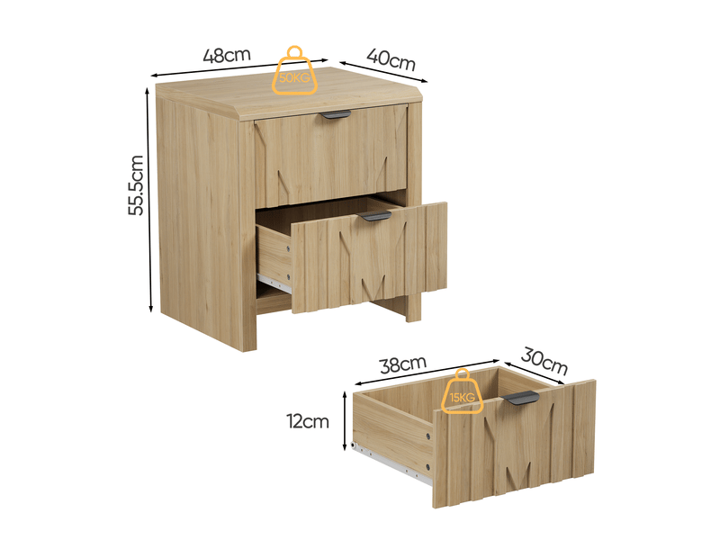  Table de chevet tcqpz 48 x 40 x 55,5 cm 2 tiroirs rangement style mid-century moderne mdf et panneaux de particules chêne clair  - Conforama C
