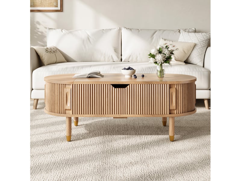  Table basse ovale 110x48x57 cm, plateau relevable, porte coulissante, rangement, mdf pieds bois d’hévéa, naturel  - Conforama E