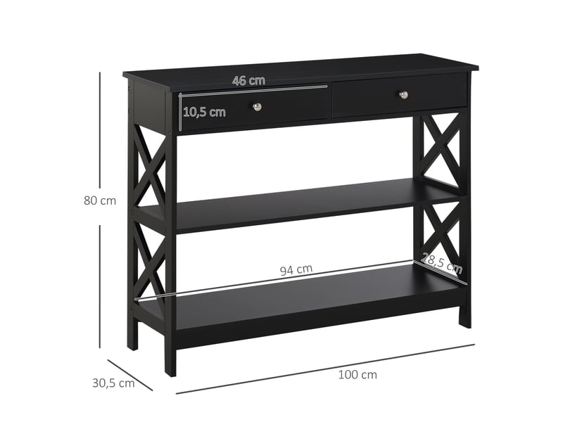  Table de console table d'entrée style table de drapier néo-rétro 2 tiroirs 2 étagères dim. 100l x 30.5l x 80h cm mdf noir  - Conforama E