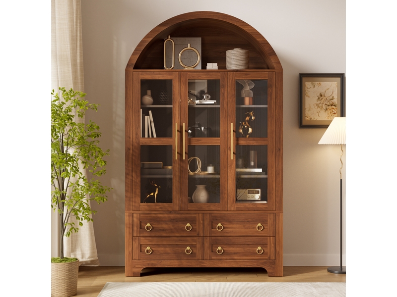 Buffet de rangement moderne 110 x 40 x 185 cm – noyer – 3 portes vitrées, 4 tiroirs, niche arrondie - Conforama B