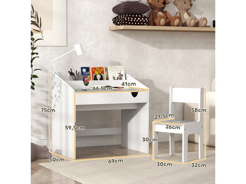  Ensemble bureau et chaise pour enfants, avec rangement, tiroir coulissant, pour les 3-6 ans, motif étoilé - gris  - Conforama D