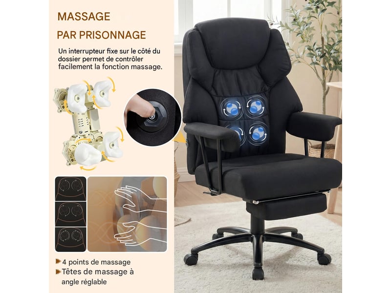  Fauteuil de bureau massant avec repose-pieds inclinable similicuir noir 77x72x122,5 cm  - Conforama D