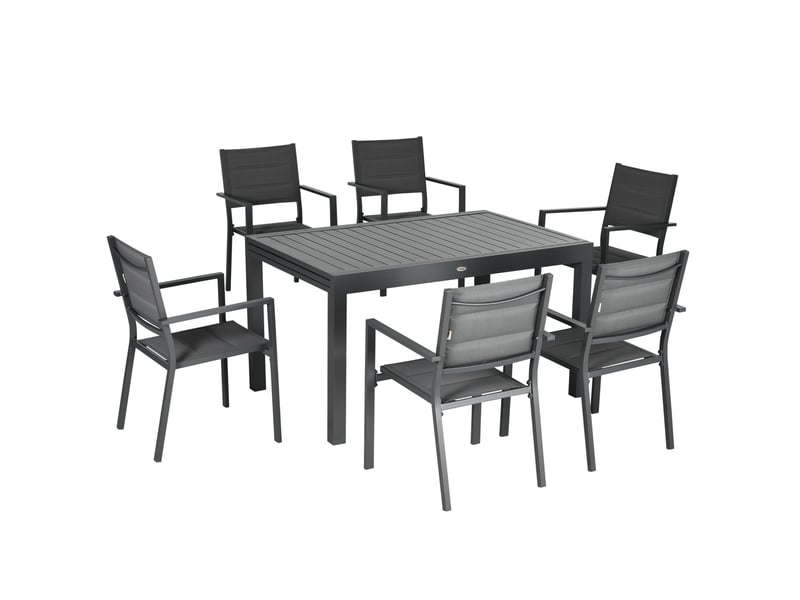  Salon de jardin table extensible 135-270 cm en aluminium et textilène 610 personnes 8 chaises empilables gris  - Conforama B