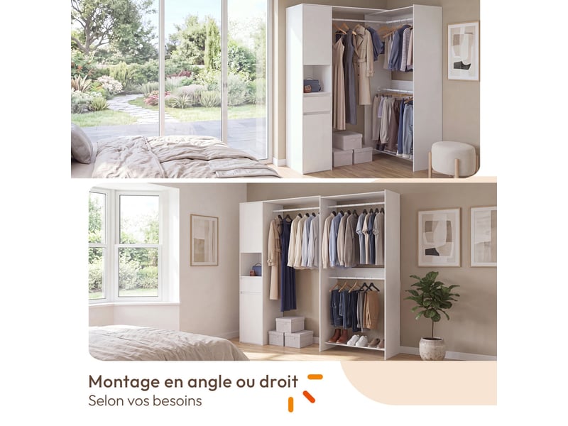 Dressing d'angle modulable l. 145 - 203 cm melman triple penderie + portes + tiroir + étagères blanc - Conforama C