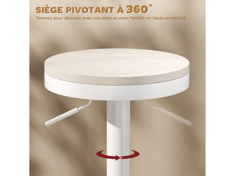  Lot de 2 tabourets de bar, chaises de bar pivotantes avec assise en hévéa, hauteur réglable et repose-pieds, blanc  - Conforama E