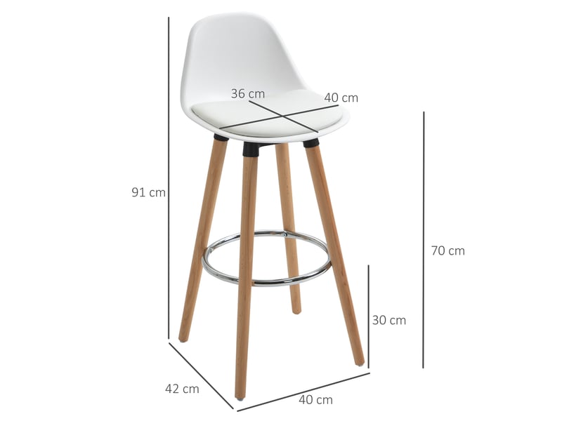  Lot de 4 tabourets de bar style scandinave hauteur avec pieds en bois et repose-pieds en acier - blanc 70 cm  - Conforama C