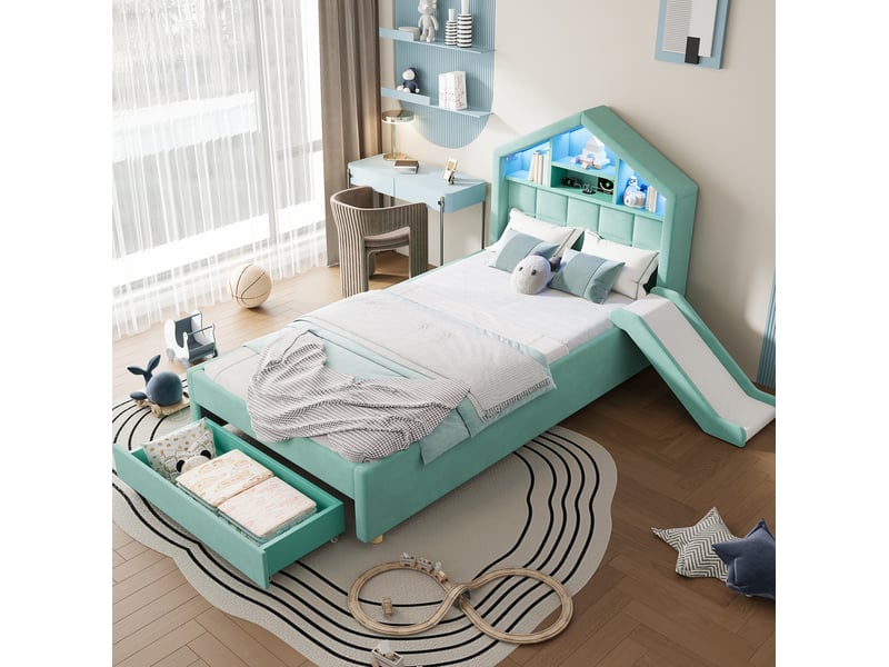  Lit enfant 90x200 cm bleu-vert en velours, avec toboggan réversible, led, rangement et charge, sans matelas  - Conforama E