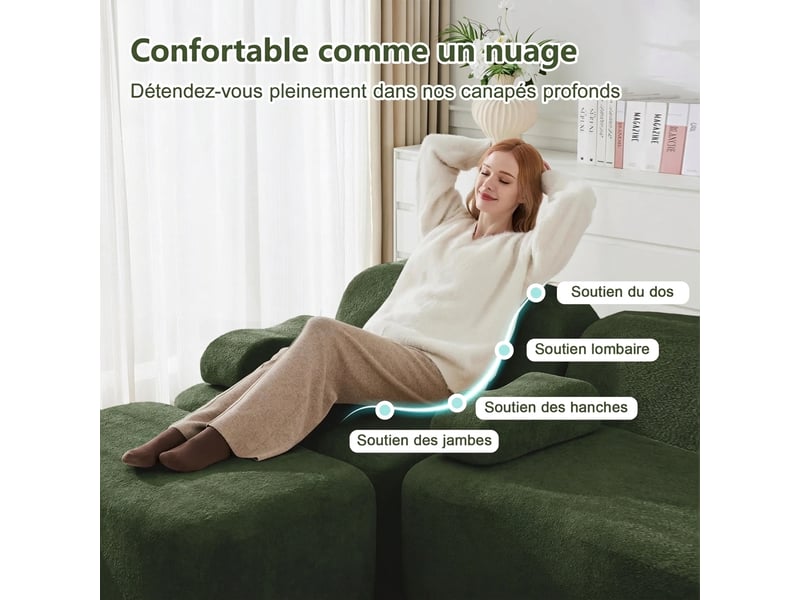  Canapé modulaire 4 places en velours vert avec pouf - sans armature mousse 32d  - Conforama R