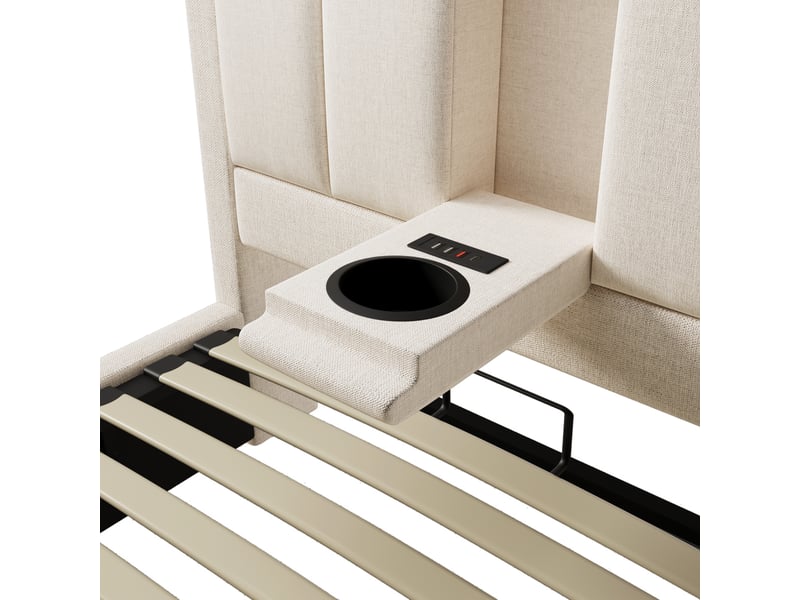  Lit coffre 1 place 90x200 cm en lin avec porte-gobelet, usb et rangement sous le lit, matelas inclus, beige  - Conforama E