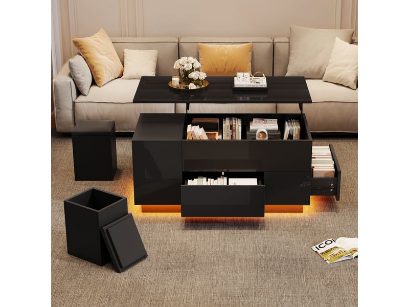 Table basse 100x50x50, 4-en-1 réglable à led avec rangements et tabourets noirs table basse salon - Conforama A