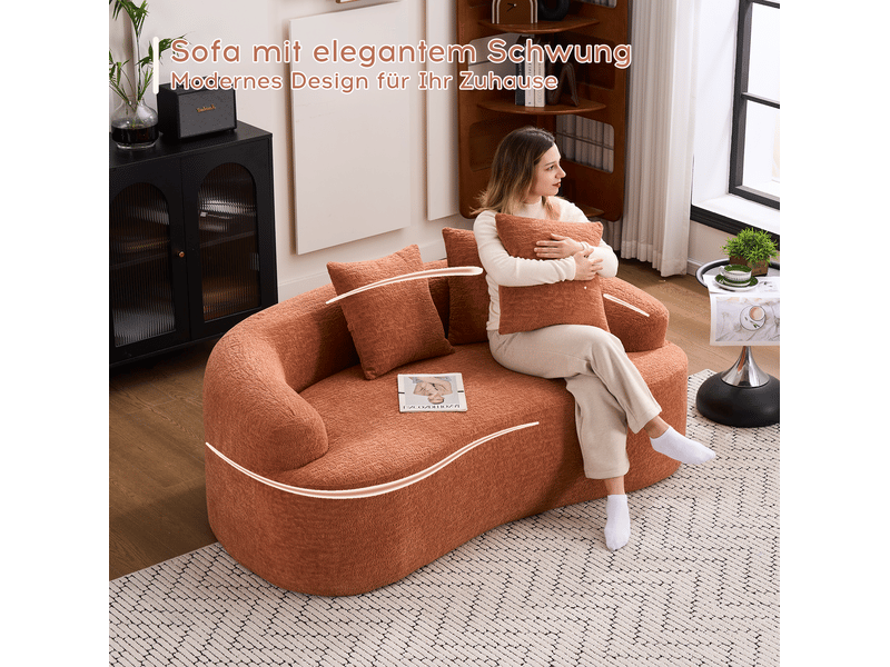 Canapé modulable incurvé 2 places en chenille rose corail avec 3 coussins - Conforama C
