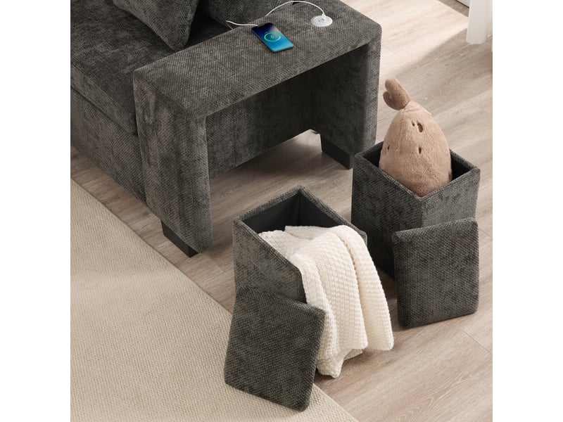 Canapé d'angle convertible 5 places en chenille gris avec coffre intégré et méridienne réversible - Conforama D