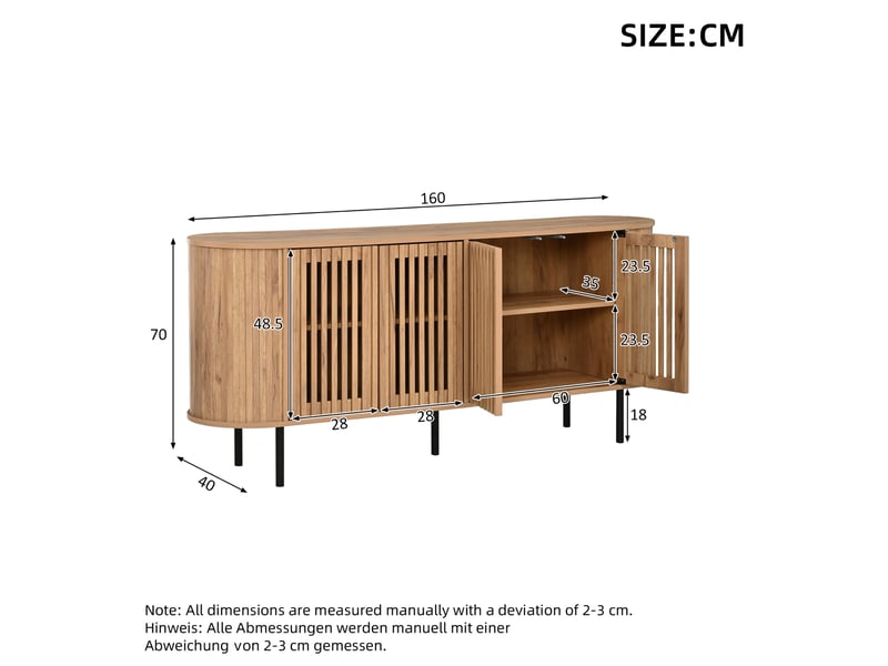  Buffet 160x40x70 cm à 4 portes coulissantes perforées en mdf coloris naturel  - Conforama E