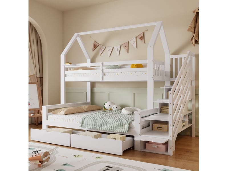 Modenvie lit superposé enfant 90x200 cm et 140x200 cm - avec rangement, design cabane, sans matelas - blanc - Conforama B