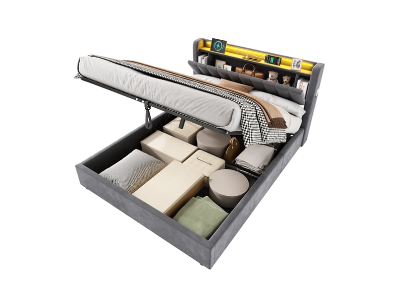  Lit coffre 2 places 140 x 190 cm cm avec led et usb, velours, gris foncé  - Conforama A