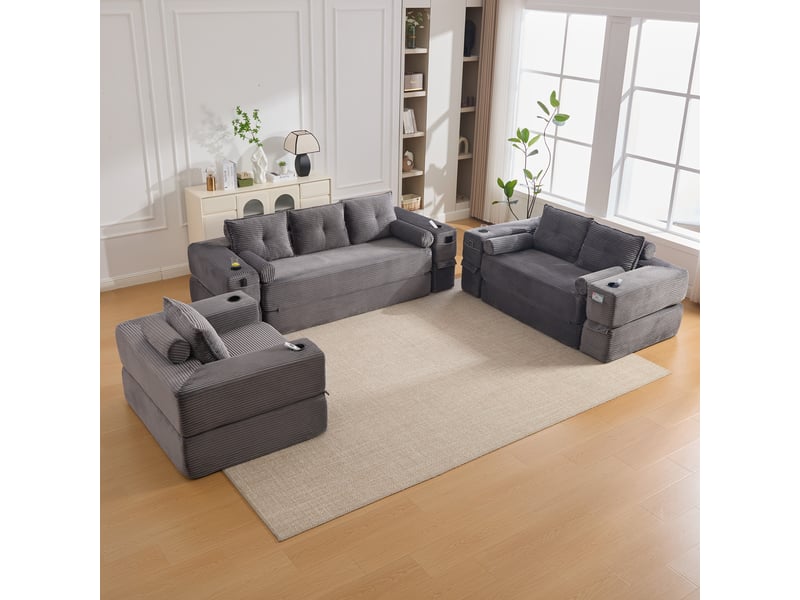 Canapé convertible modulaire avec poche latérale et porte-gobelet et coussins mémoire en velours côtelé gris foncé - Conforama C